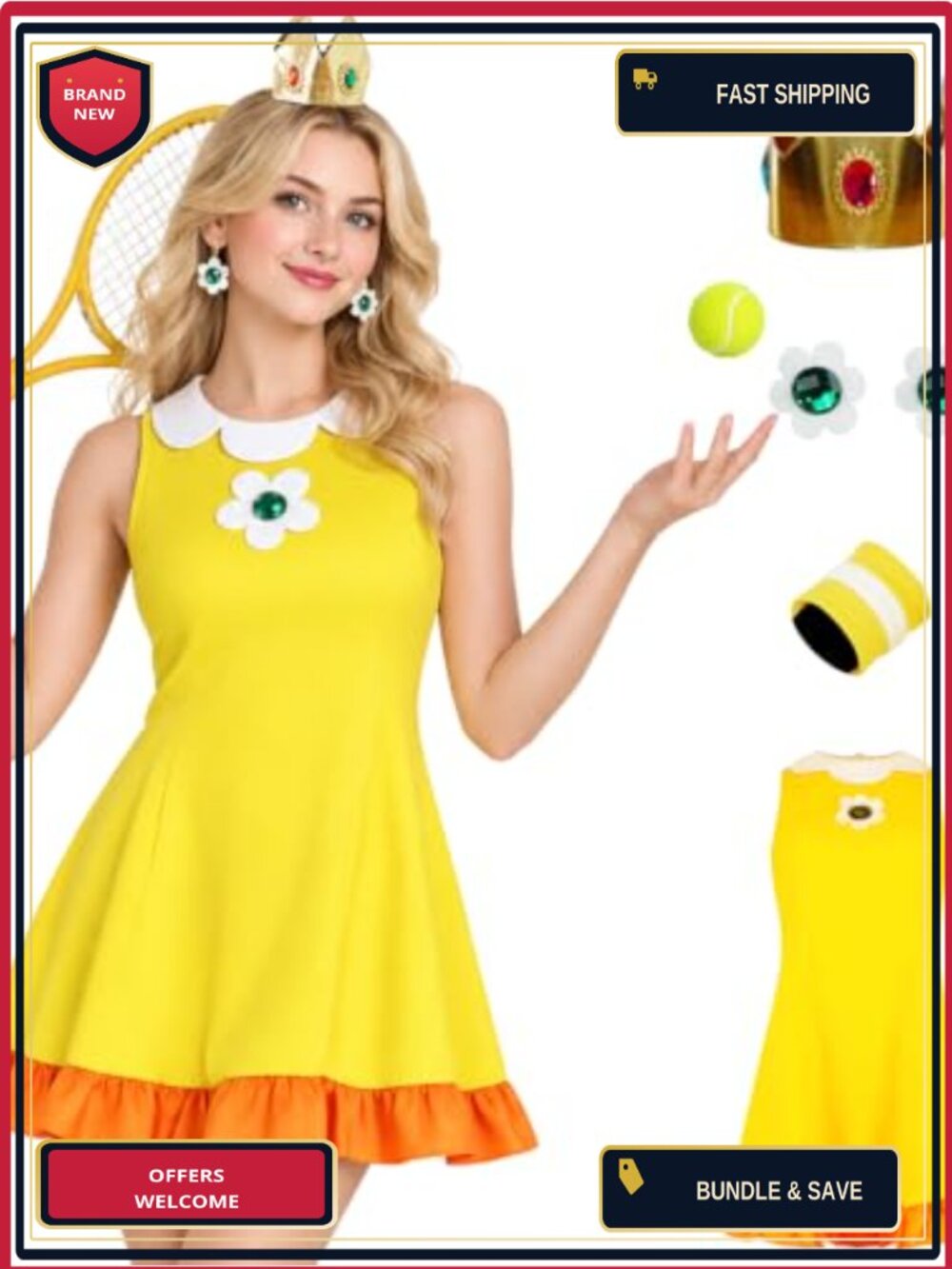 Princess Cosplay Costume Tennis Dress Crown Earrings Adult Halloween Set